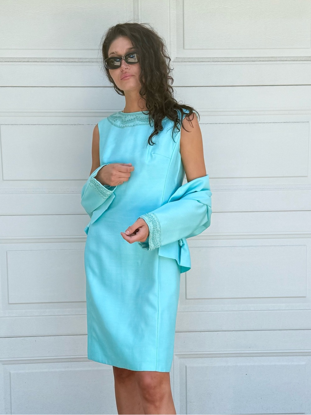 Vintage Robins Egg Blue Shift  Dress with Matching Jacket 1960s Jackie O Suit ML